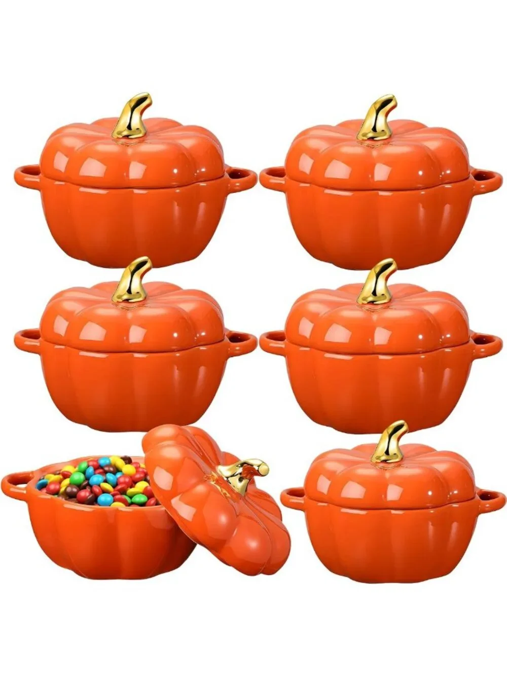 Set of 6 Pumpkin Ceramic Soup Bowls, 15 oz - Fall Decor, Orange Tableware